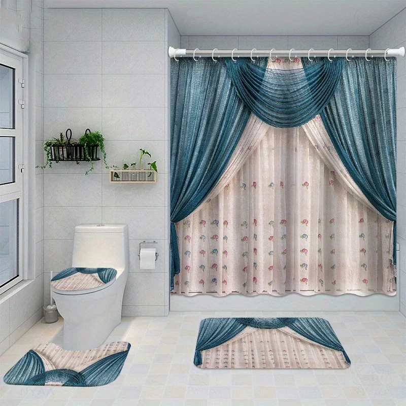 

4 шт., набор занавесок для душа с принтом из пряжи, водонепроницаемая занавеска для душа с 12 крючками, нескользящий коврик для ванной комнаты, U-образный коврик для унитаза, туалет