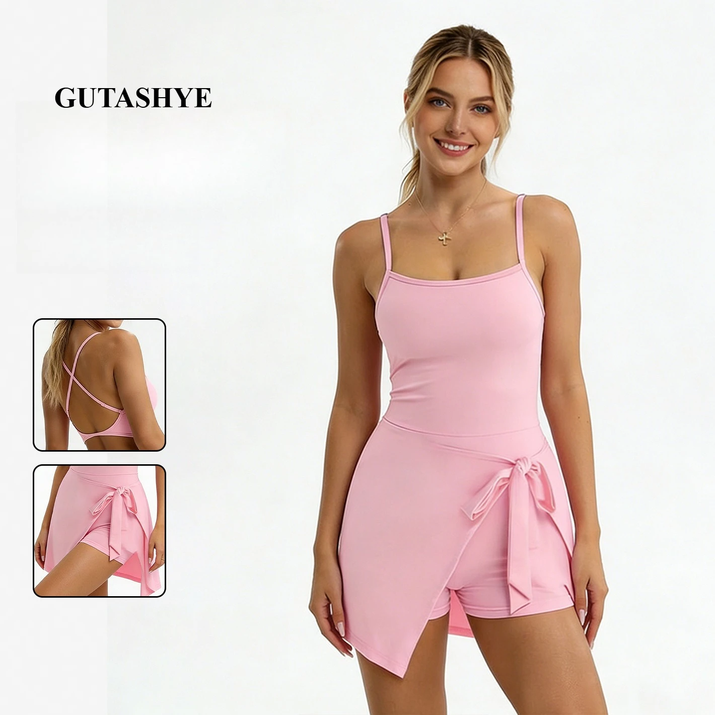 

Ladies Fake Two-piece Slim Fit Tennis Jumpsuit Anti-chafing Inner Shorts Hollow Back Casual Yoga Sports Dress