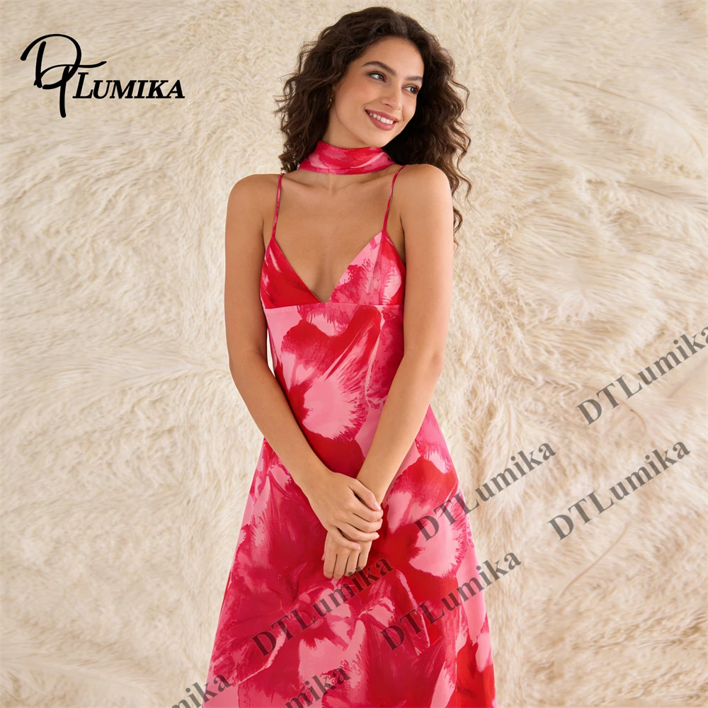 

Women’s Red Pink Tie Dye Satin Slip Dress, V - Neck Halter Neck Midi Dress for Party Dinner Banquet Beach Holiday Dress