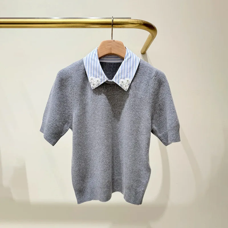 

【Gift Free】2026 Spring Autumn Faux Two-Piece Rhinestone Embroidered Blue White Striped Shirt Collar Knit Pullover Women