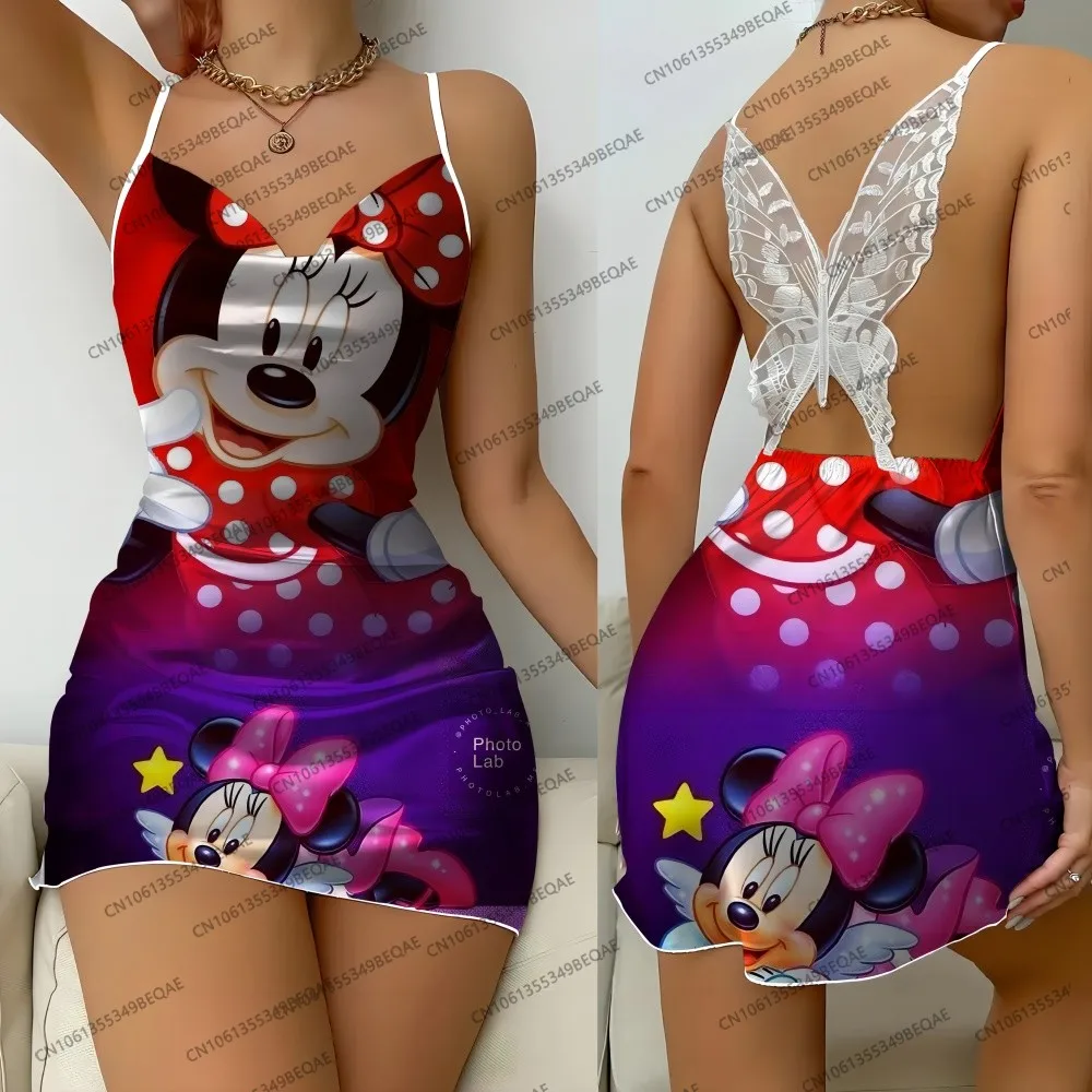 Disney Minnie Mouse Summer Dress Women Elegant Backless Slip Nightwear Fashion Butterfly Lace Crew Neck Sleeveless Skirt