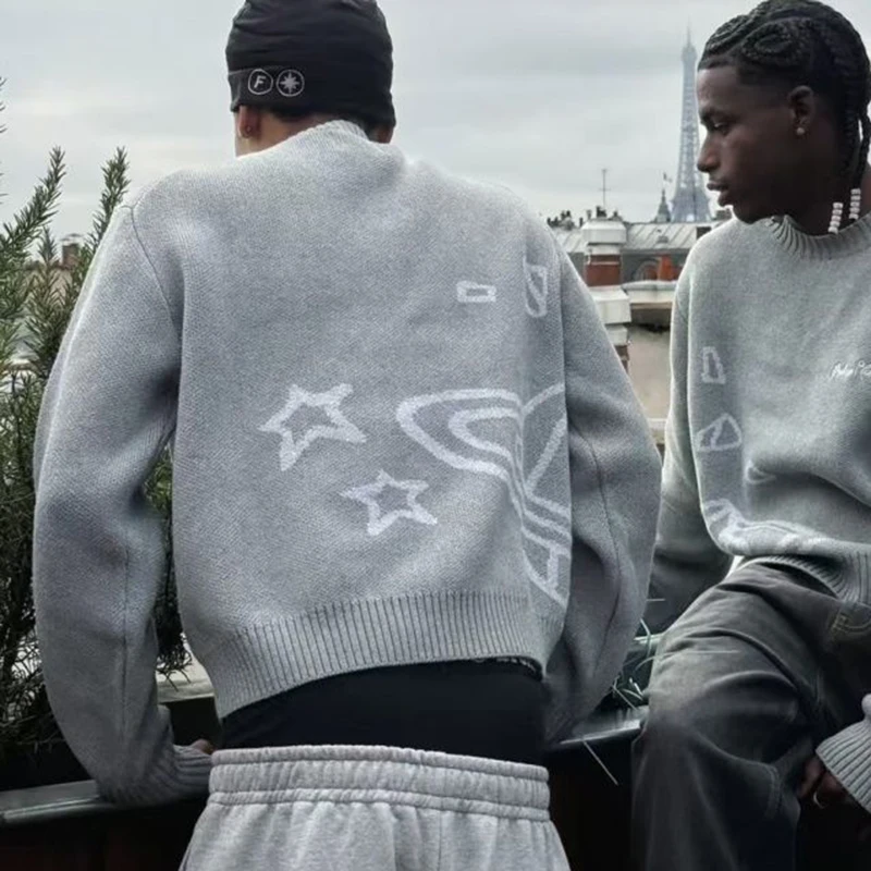 Pull tricoté à col rond avec Logo brodé en Jacquard, dessin animé, Style de rue américain, tricot assorti pour Couple, automne et hiver