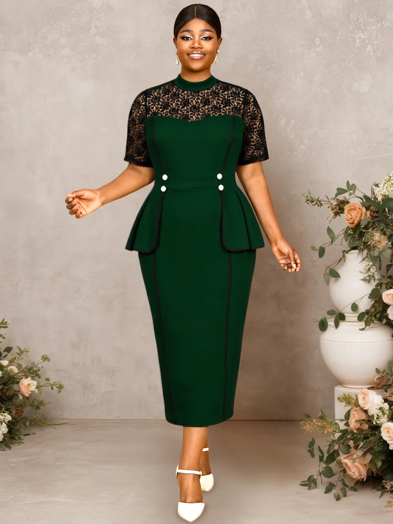 

Large-Sized Elegant Dark Green Dress Knitted Lace Short-Sleeved Form-Fitting Body-Hugging Fashionable Dress