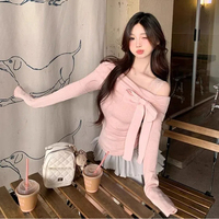 Pure Desire Pink Commuter Base Shirt Women's Butterfly Condensation Shoulder Short Sweet Girl Top