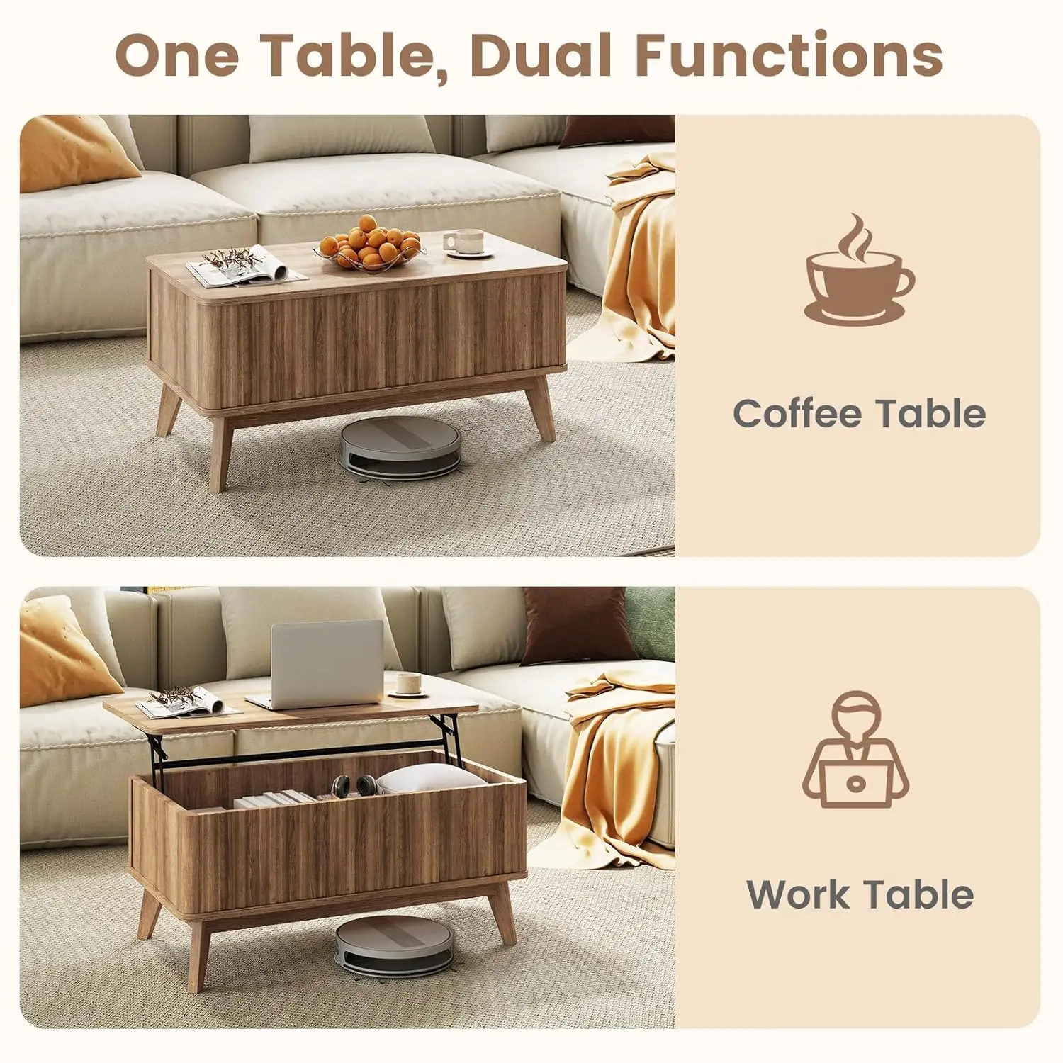 Mesa de Centro com Tampo Elevatório e Armazenamento, 35,5 polegadas, Estilo Moderno de Meio Século, com Pé de Madeira Maciça e Compartimento Oculto, Personalizável