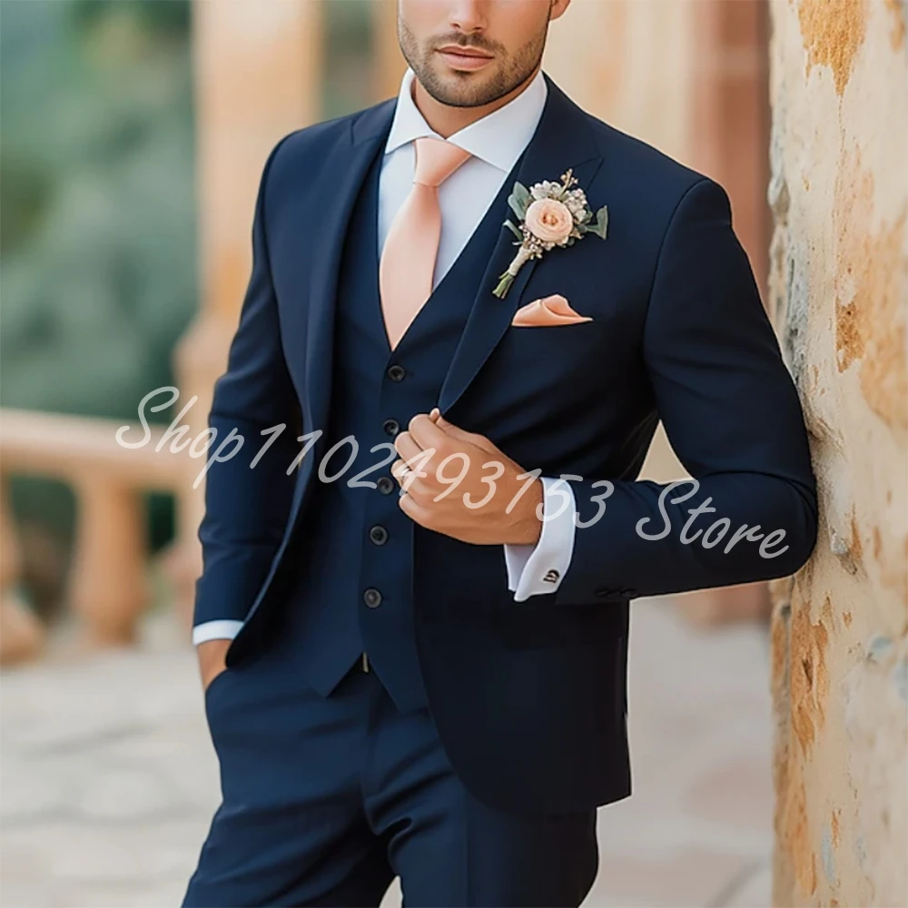 

Navy Blue Business Men Suit Groom Wedding Party Prom Male Formal Tuxedo 3 Piece Set Blazer Vest Pants Trajes De Hombre