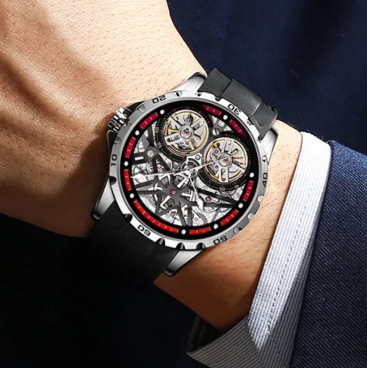 

Mark Fairwhale Men Automatic Watch 42mm Mechanical Wristwatch Waterproof Luminous Skeleton Dual Flywheel Dial