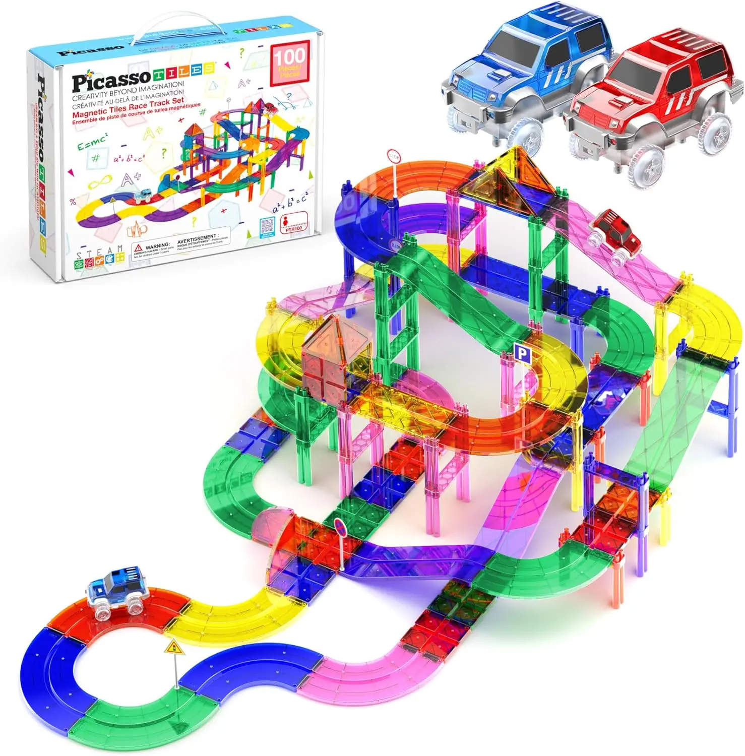 

100pc Magnetic Tiles Race Track Building Set with LED Cars Adjustable Roads and Signs STEM Construction Toy Kit for Kids Educati