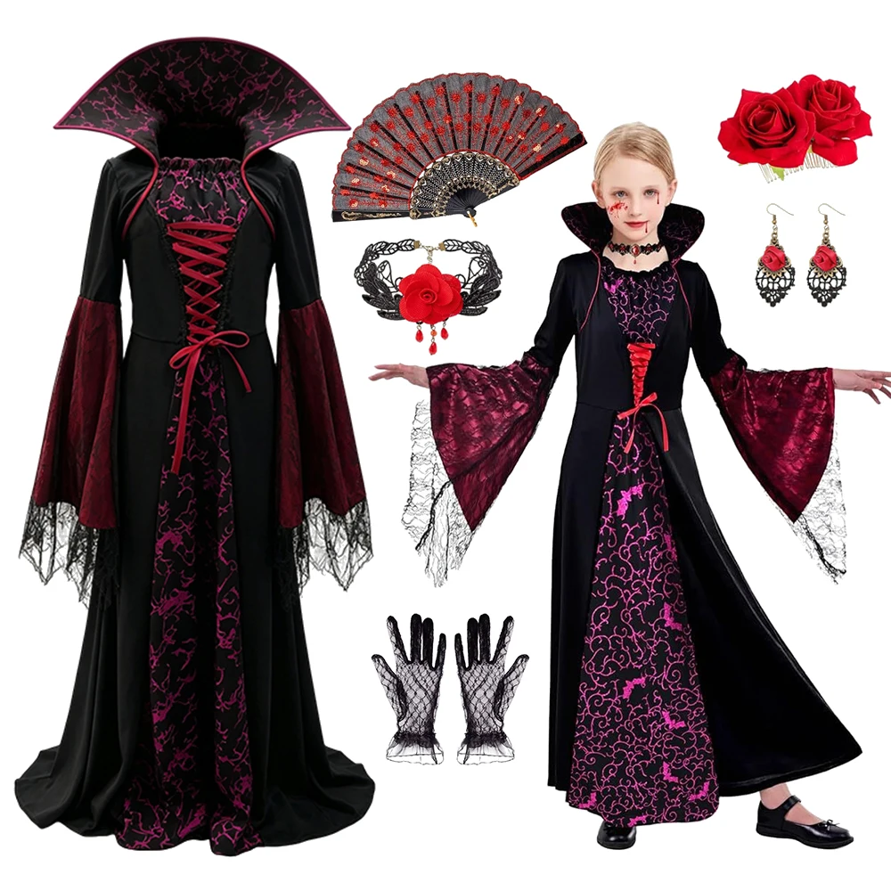 Girls Vampire Queen Dress Up Costume Retro Long Gown Stand Collar Lace Sleeve For Kids Halloween Party
