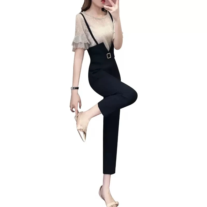 Overalls Women Outfit Spring Summer Fashion New Korean Jumpsuit 2PCS Office Ladies Straight Black Suit Thin Rompers Pants Sets