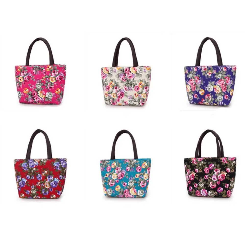 Cute Flower Handbags Canvas Zipper Shopping Bag Bucket Bag Women Top-Handle Bags