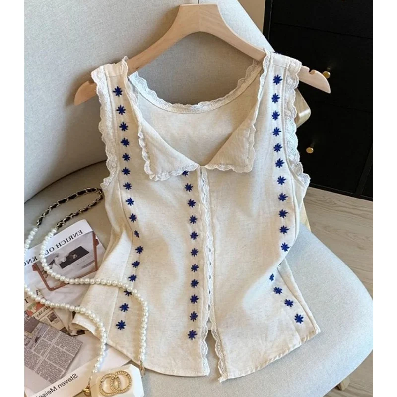 

Корейская простая темпераментная майка со шнуровкой и принтом, летняя винтажная лоскутная кружевная блузка с пуговицами, корсетная блузка, женская повседневная футболка