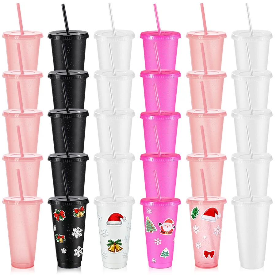 

30pcs 24oz Water Bottle Tumbler With Straw And Lid Bulk Plastic Cups Iced Coffee Travel Mug Reusable Party Favor For Birthdays