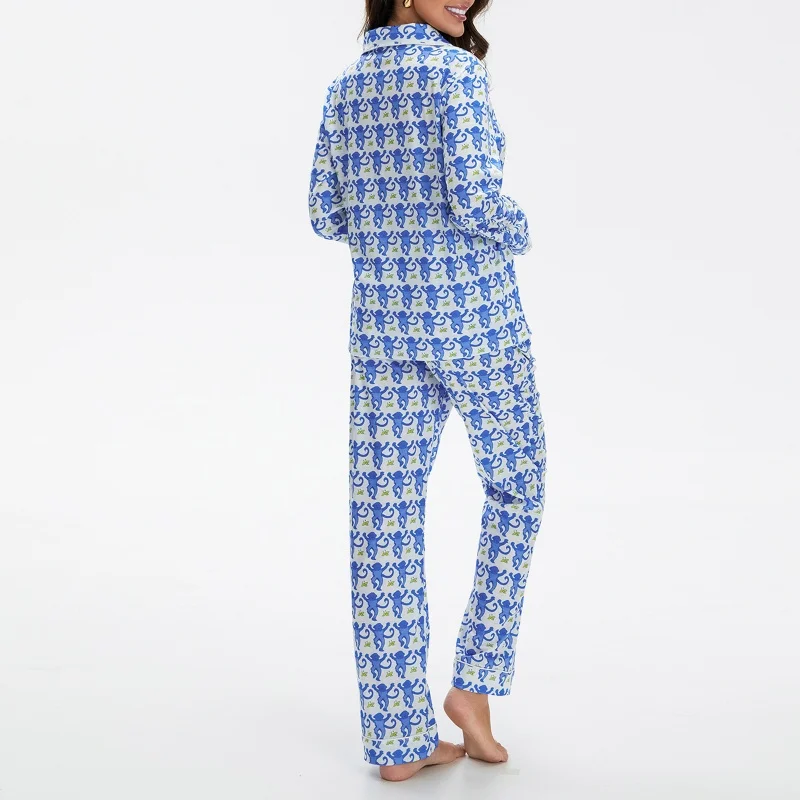 Monkey Pajamas for Women Preppy Style Sleepwear Set Cartoon Print Single Breasted Long Sleeve Tops and Trousers 2000s Loungewear