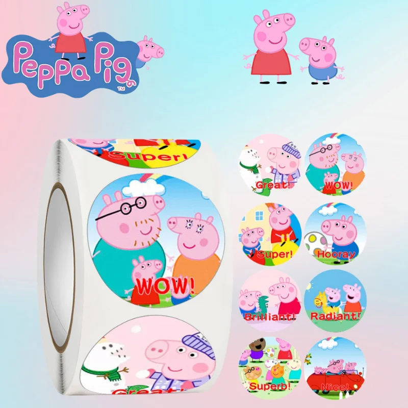 500PCS/roll Peppa Pig George Kindergarten Reward Sticker Pig Family Pig Father Mother Cartoon Sticker Toy Kid's BirthdayGift