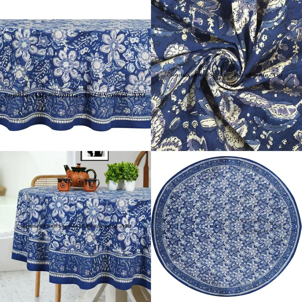 

60 Round 4-Person Cotton Block-Printed Tablecloth, Suitable for Outdoor Patio, Camping, Holidays, and Indoor Kitchen Use (Flower