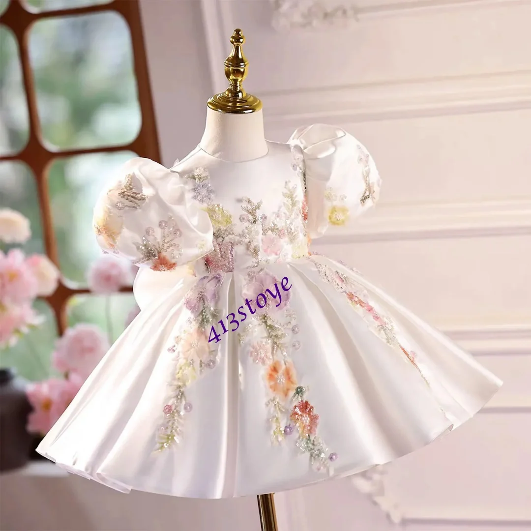 Personalizado elegante branco apliques vestido da menina de flor laço arco princesa crianças casamento 1st aniversário pageant festa baile vestido