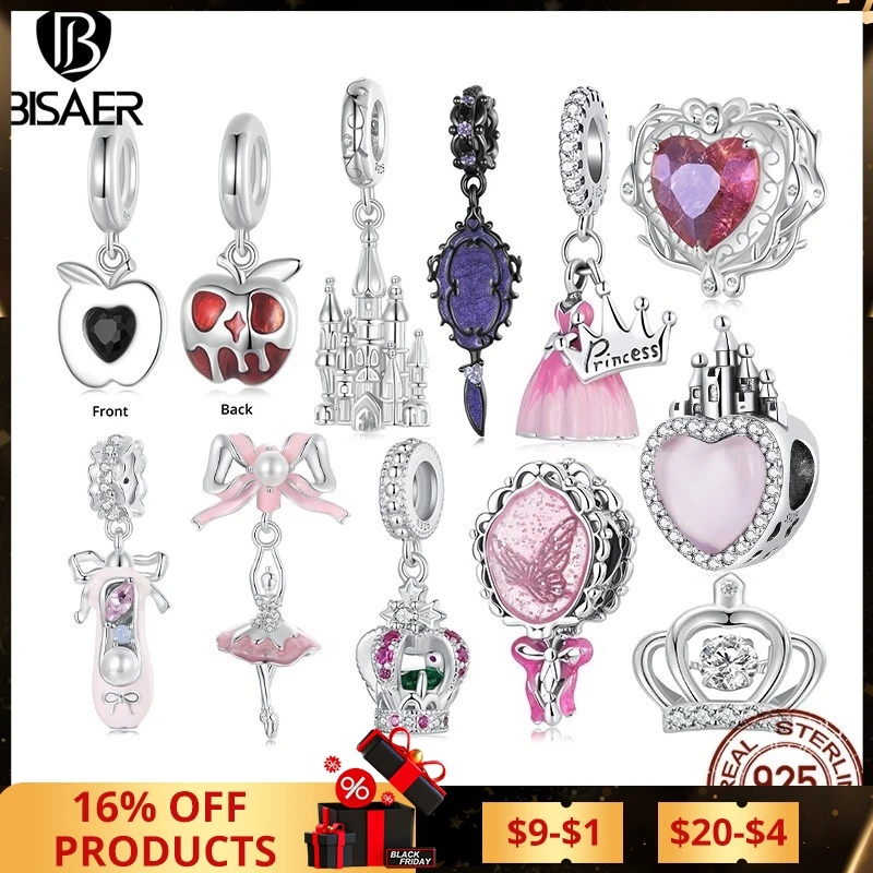 BISAER 925 Sterling Silver Princess Magic Castle Pendant Mirror Poison Apple Charm Fit Woman DIY Bracelet Necklace Fine Jewelry