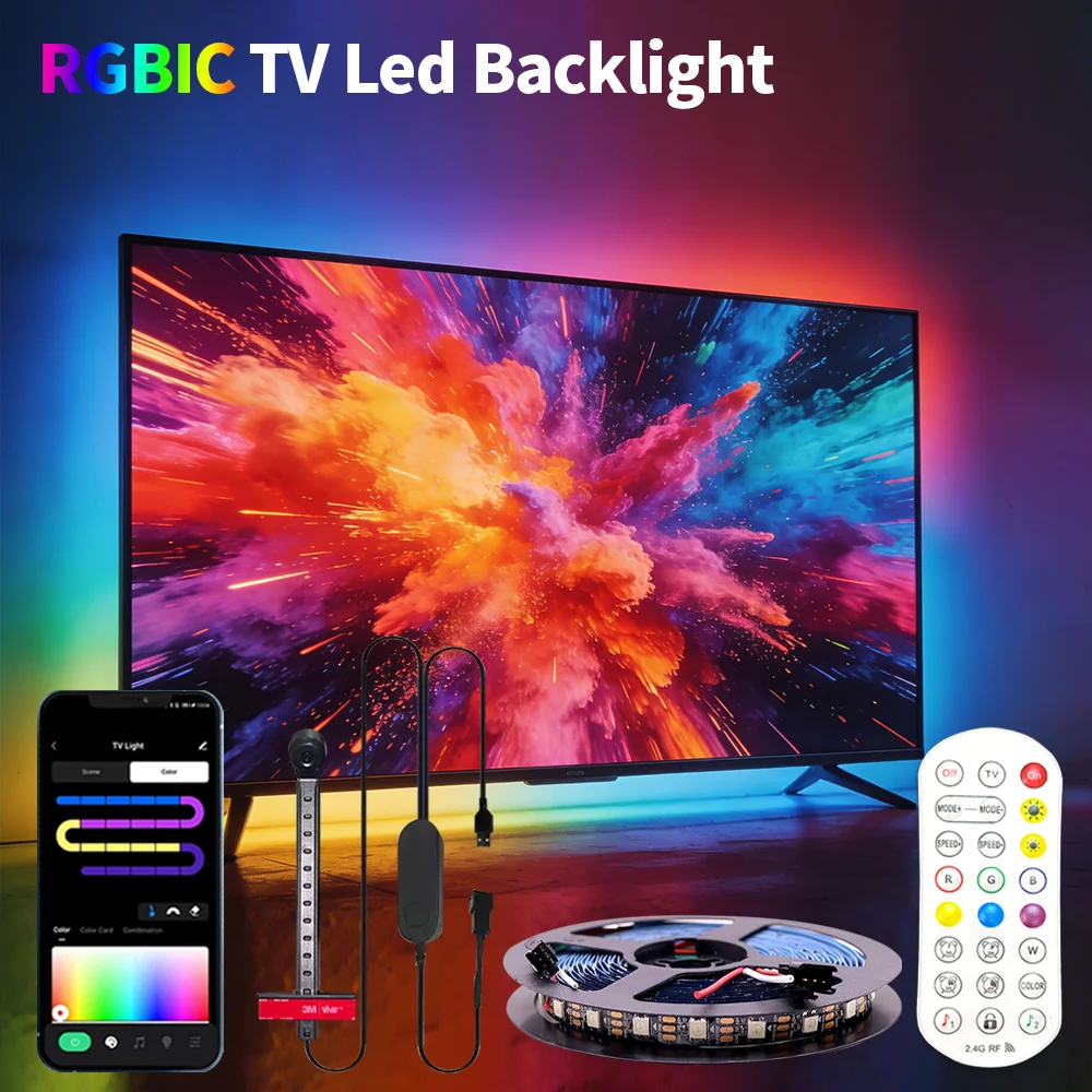 RGBIC TV Backlight USB 5V WS2812 Camera Ambient Light Immersion LED Strip for TV PC Sync Screen Color with Remote Control Smooth