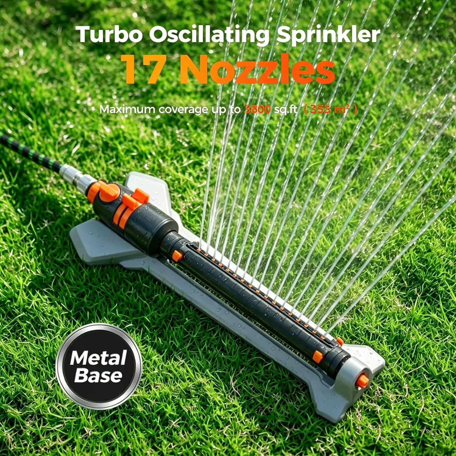 Turbo Oscillating Water Sprinkler 17 Nozzles Heavy Duty Metal Base Built-in Filter Adjustable Width/Range/Flow Rate