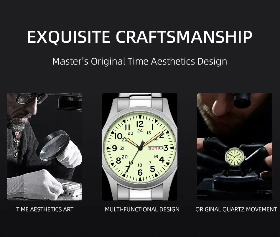2026 Herren 38mm Leuchtende Zifferblatt-Uhr mit Tages- und Datumsanzeige, im Dunkeln leuchtend, grün, 30M wasserdicht, Felduhr mit Edelstahlarmband – Detail 2