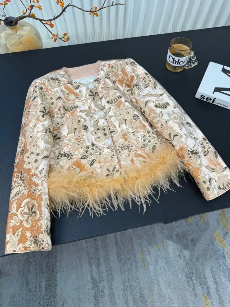 Elegant Women Winter Down Coat Woolen Flower Embroidery Fashion Feather Design Single Breasted New Chinese Style Short Jacket