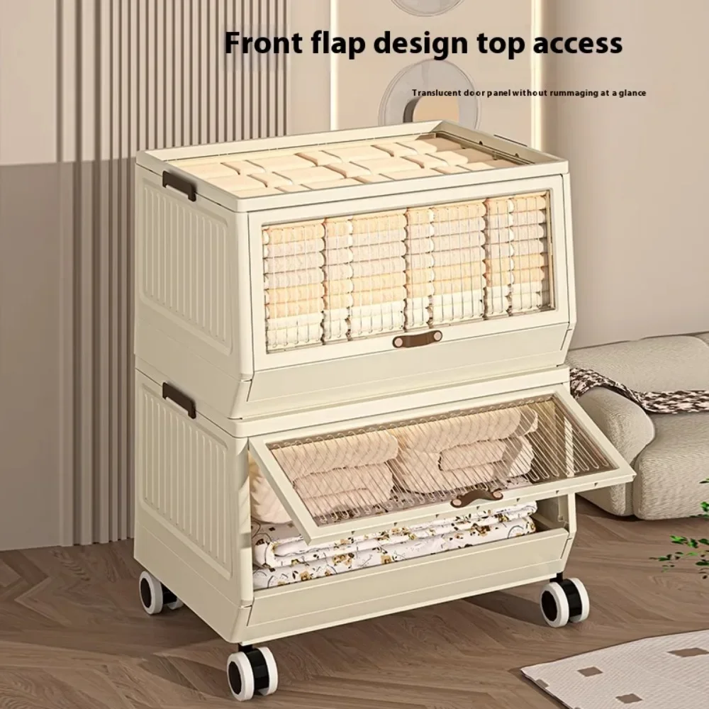 Foldable Storage Box with Lids and Wheels Clothing Storage Cabinet 3-Tier Stackable Dustproof Cabinet Installation Free Bin