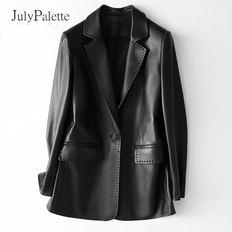 Julypalette Real Sheepskin Leather Blazer Jackets 2022 Spring Fashion Notched Collar Genuine Leather Office Ladies Jacket Coats