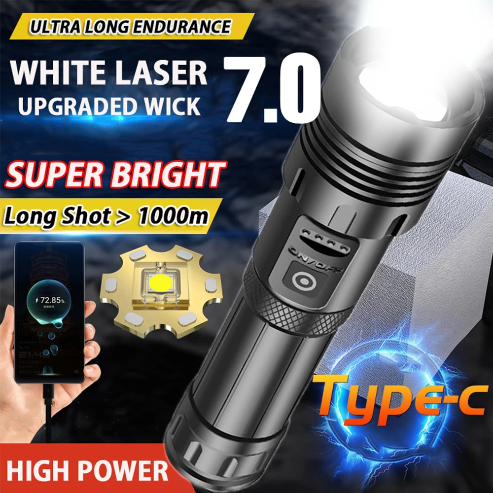 High Power Led Flashlight Rechargeable High Lumens Flashlight with 7 lighting modes Super Bright Torch for Emergency, Outdoor