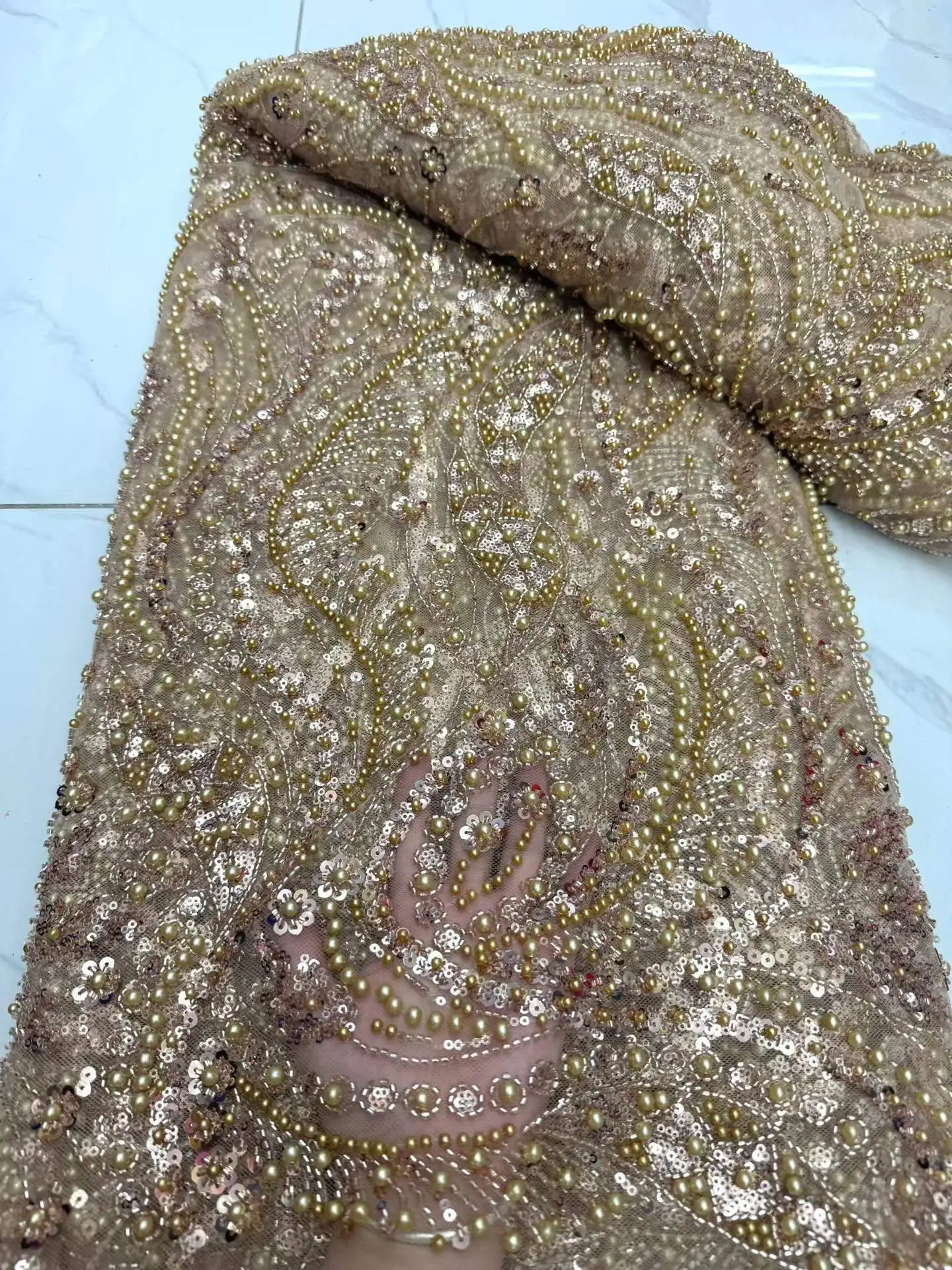New African Lace Fabric 2026 High Quality Nigerian Lace Beads Sequins French Net Fabric 5 Yards For Sewing Party Wedding Dresses