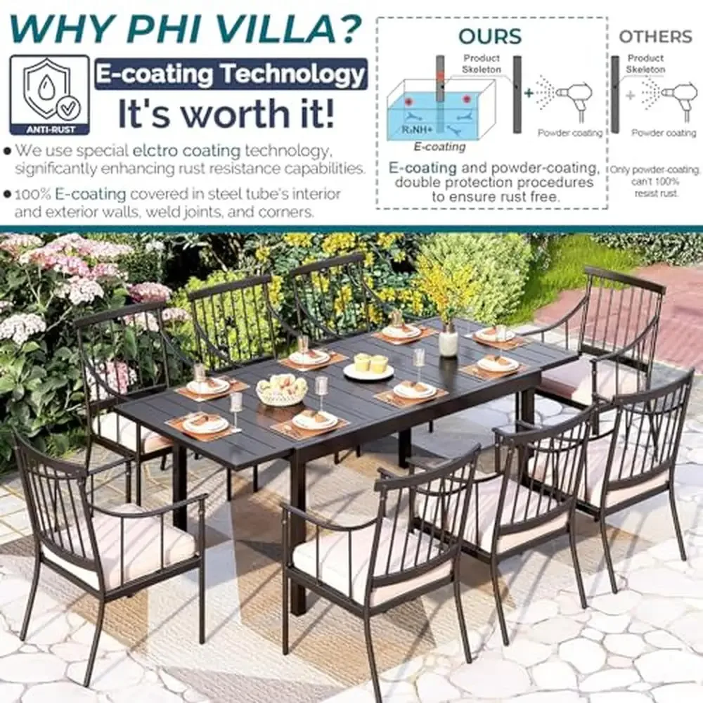 Outdoor Dining Table Set 9 Piece Expandable Metal Table & Cushioned Steel Chairs Patio Deck Yard Use Rust Weather Resistant 8