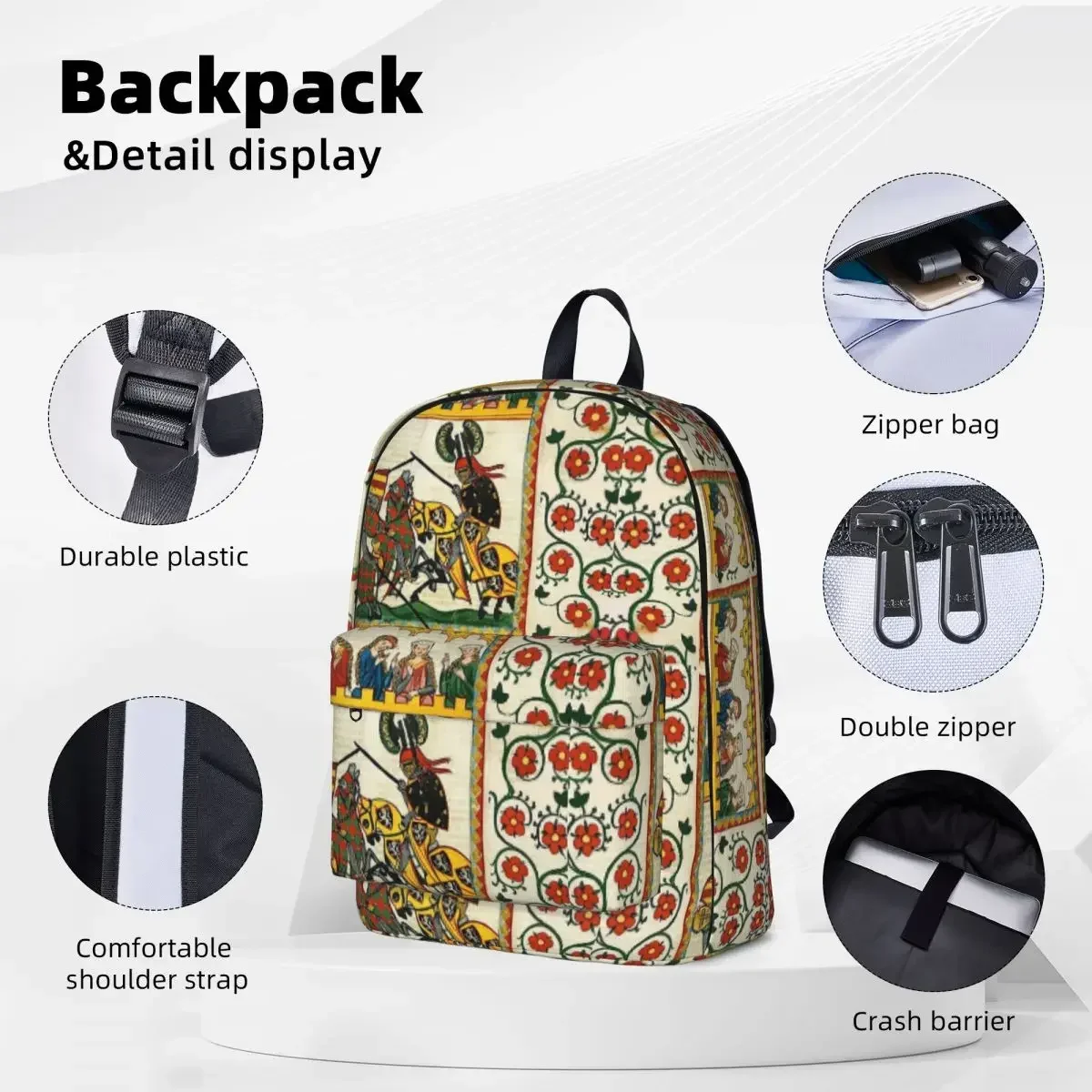 Medieval Tournament, Fighting Knights ,Damsels And Red Wild Roses Backpack Bookbag School Bags Travel Rucksack Shoulder Bag