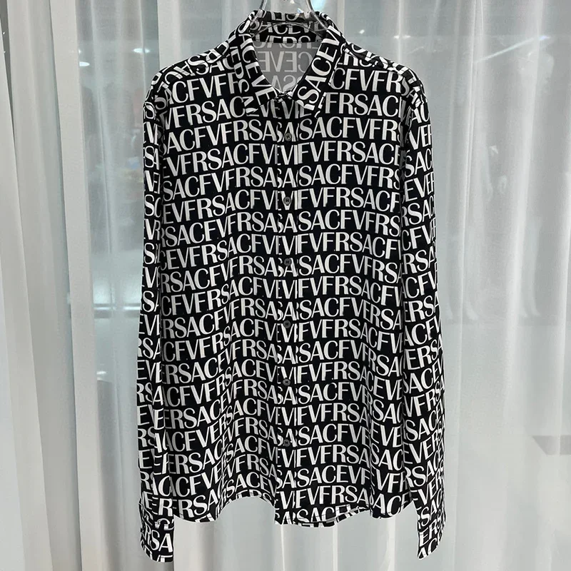 High-end fashion casual large size versatile popular long-sleeved overall print long-sleeved shirt Vintage Loose Lapel Pocket