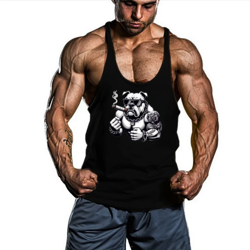 Men's Badass Bulldog Graphic Gym Stringer Vest - Quick-Drying Y Back Bodybuilding Fitness Running Vest, Sports Innerwear