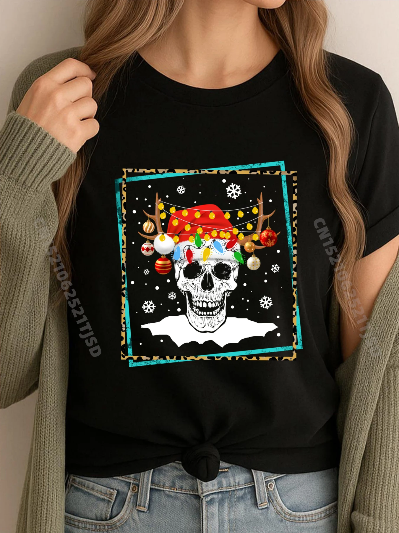 

Skull Christmas Santa Hat Reindeer Antlers Holidays Kids Teeshirt Camiseta Masculina