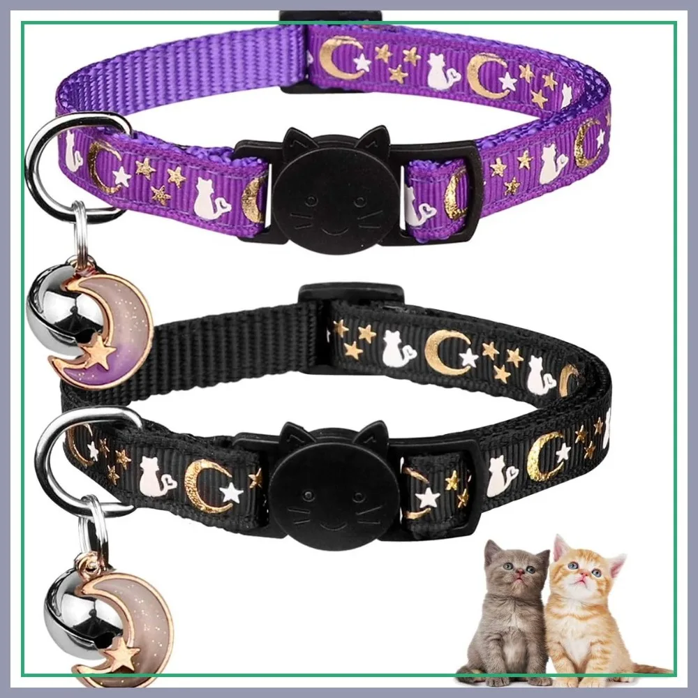 2 collares para gatos con cascabel, colgante de luna y estrella, collares ajustables y seguros para gatitos, que brillan en la oscuridad (negro y morado)
