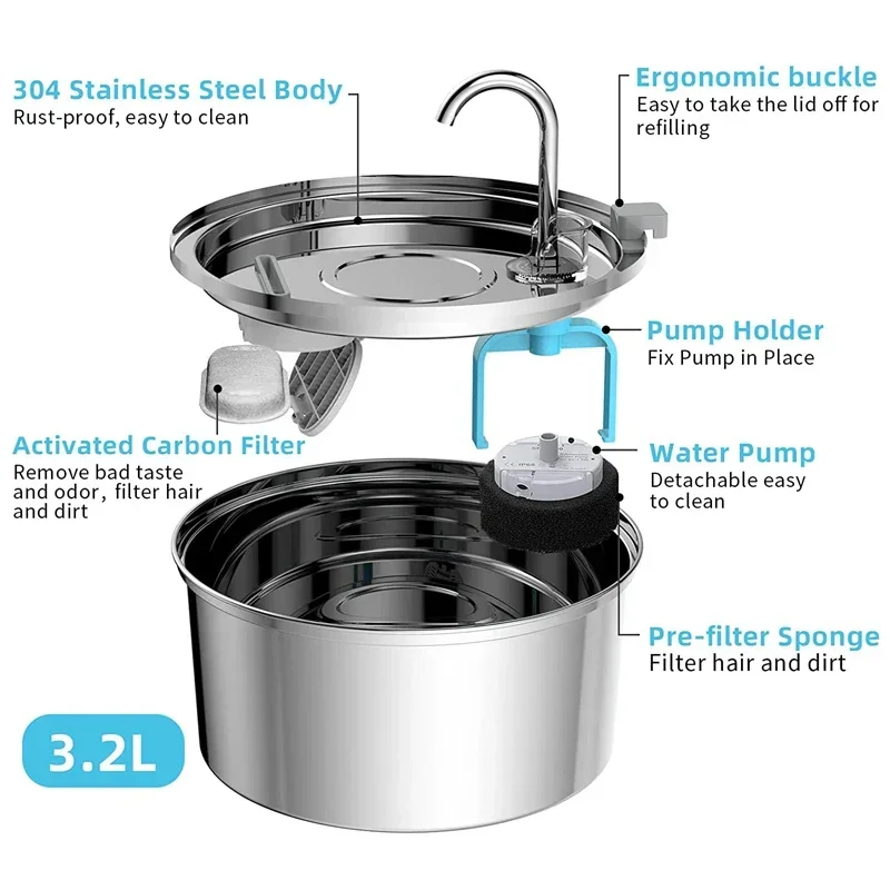 القط نافورة مشروبات تصفية دورة التلقائي 304 الفولاذ المقاوم للصدأ كتم الذكية المياه الشرب موزع مضخة للحيوانات الاليفة شرب السلطانية