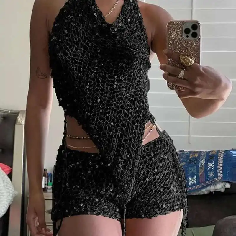 

Сетчатые топы на бретелях с открытой спиной и шортами, костюмы, женские летние каникулы, сексуальные лоскутные вязаные комплекты с блестками, комплекты из двух предметов
