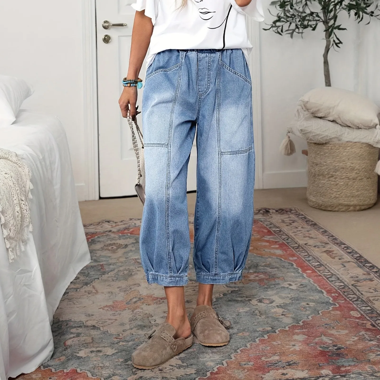 Dames hoog getailleerde denim met trekkoord Mode Comfortabele jeans met rechte pijpen Casual slanke denim broek Joggingbroek Jeans Koreaanse Y2k