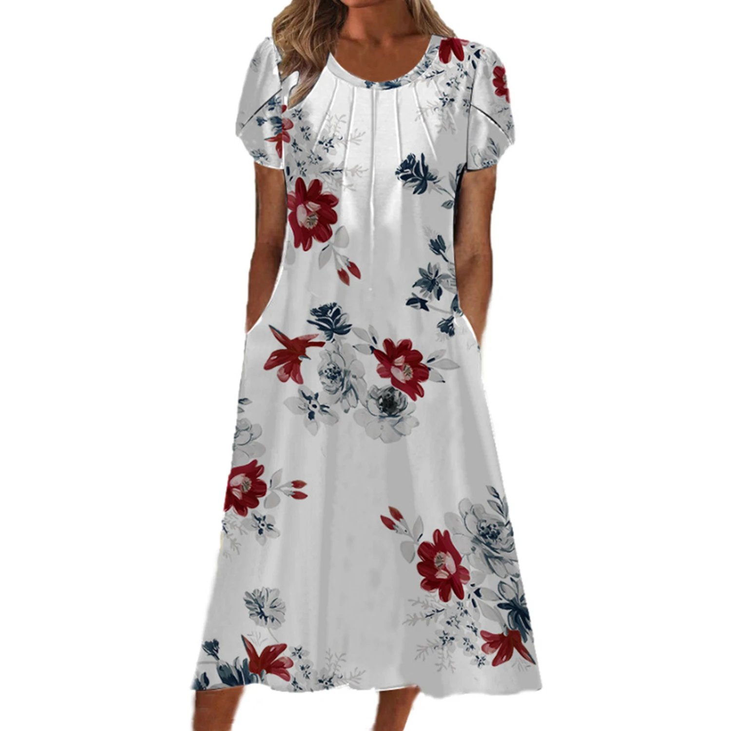 2025 Europe and the United States summer fashion new women discount printed round neck dress pocket long skirt women