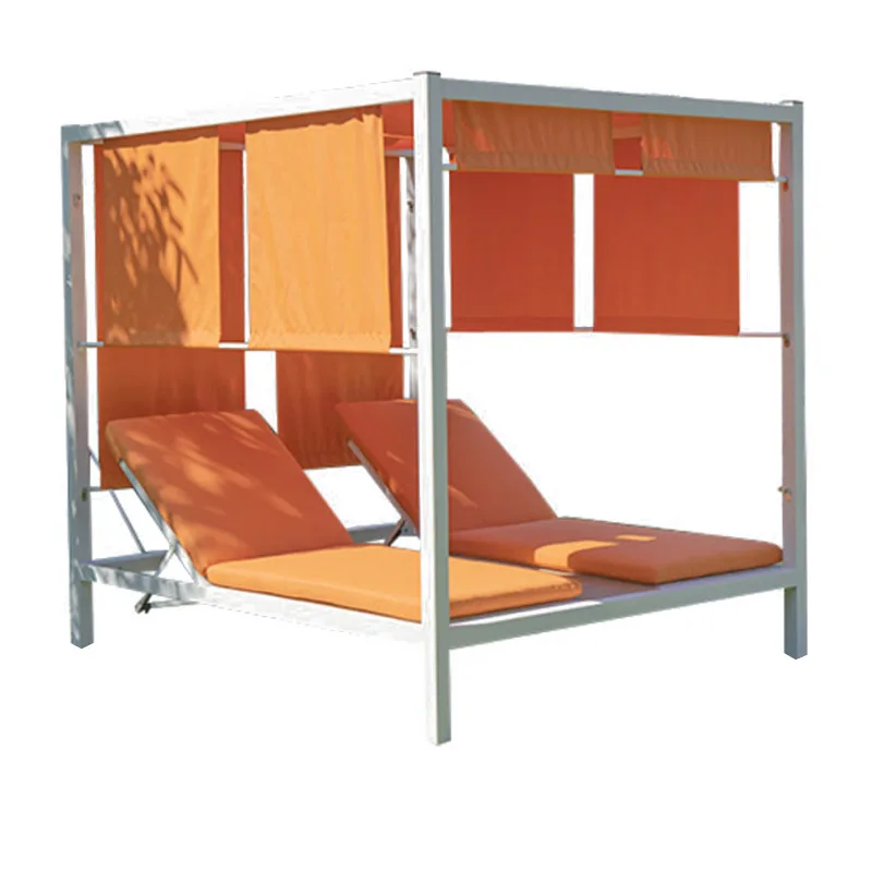 jd-Modern Hotel Pool Beach Furniture White Aluminum Square Outdoor Double Cabana Daybed Canopy With Curtains！