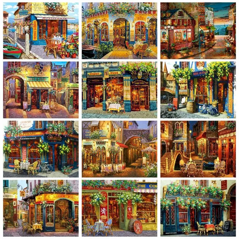 

GATYZTORY Oil Painting By Numbers Colorful Shops In Street Coloring By Numbers Diy Gift Paint Set Handicrafts For Adults Complic