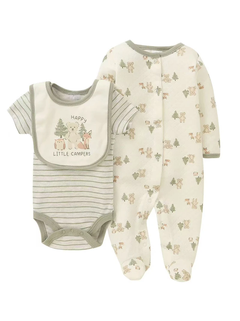 IYEAL Spring Autumn Baby Boys Girls Cartoon Print Outfits 0-9M Baby Long Sleeve Bodysuits+Rompers +Bib Newborn Suits 3 pcs