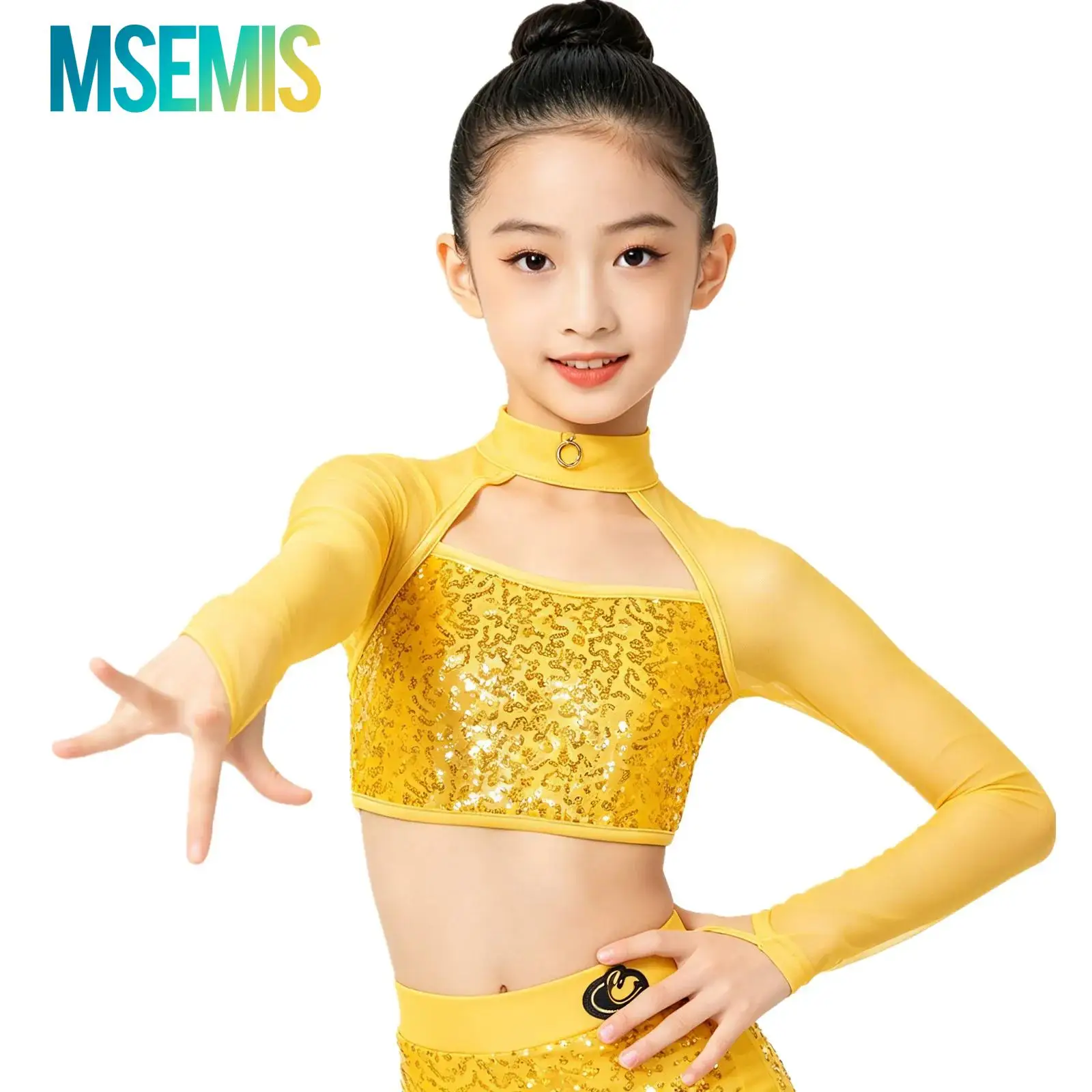 

Kids Girls Gymantics Ballet Leotards Dance Costume Shiny Sequins Decorated Dance Crop Top Long Sleeve Round Collar Hollow Tops