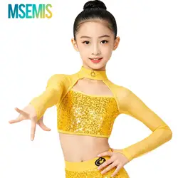 Kids Girls Gymantics Ballet Leotards Dance Costume Shiny Sequins Decorated Dance Crop Top Long Sleeve Round Collar Hollow Tops