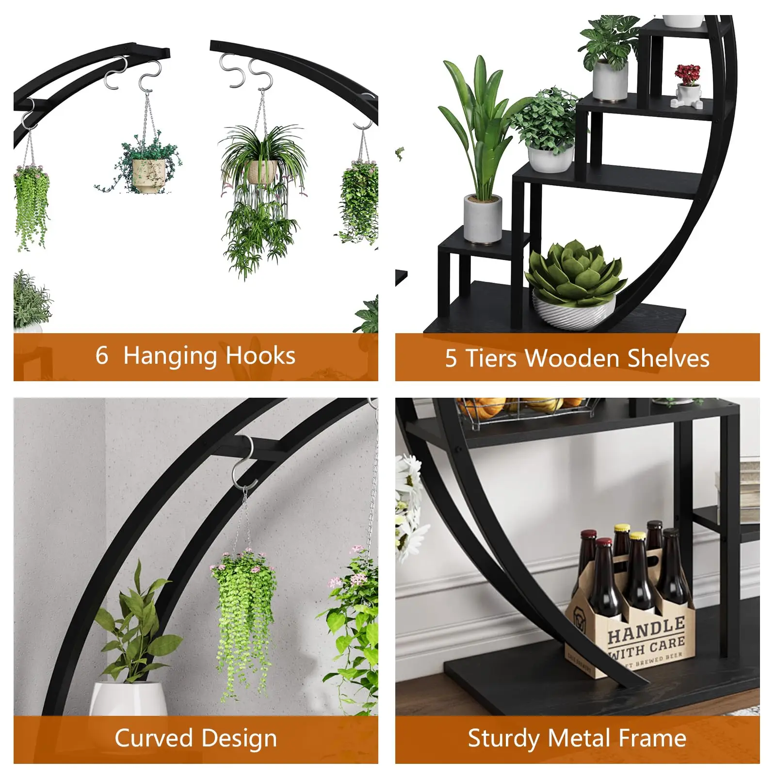 Heavy Duty 5-Tier Half Moon Metal Plant Stand With Hanging Hooks Rustproof Tall Plant Rack For Multiple Plants Space-Saving Corner Flower Pot Shelf Display Stand For Indoor Outdoor Living Room Patio G image 2