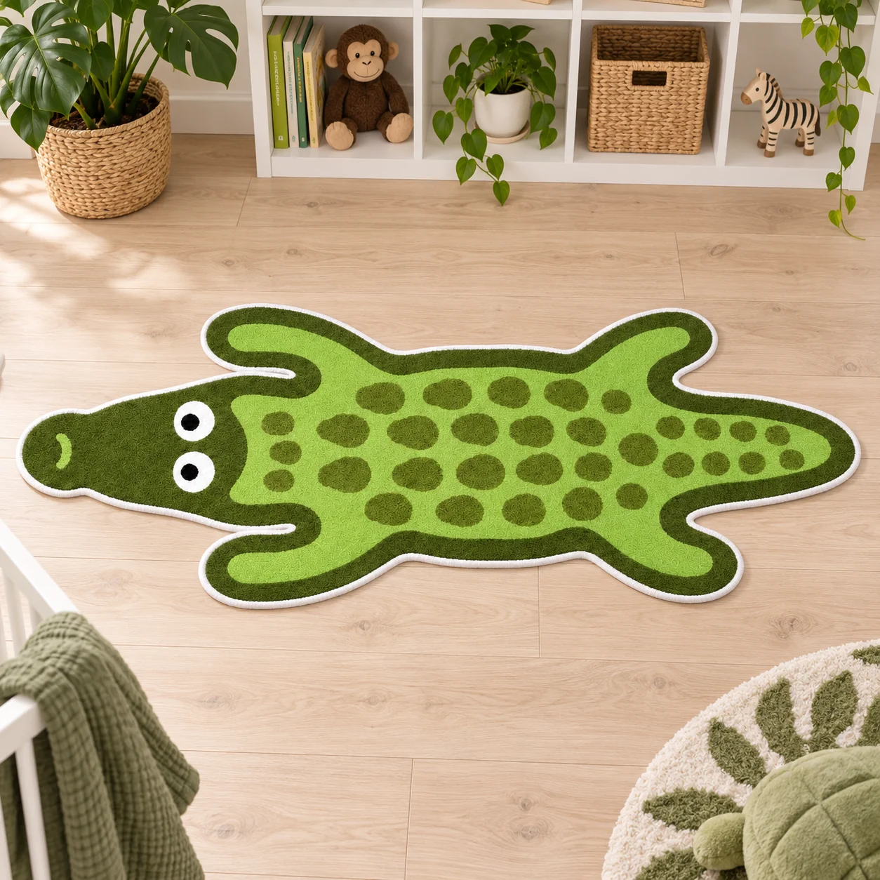 Funny Green Crocodile Shaped Area Rug, Cartoon Animal Floor Mat for Entryway Living Room and Jungle Home Decor