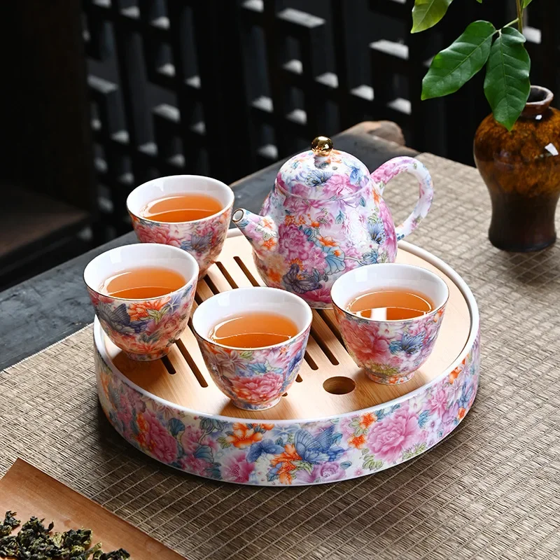 

Wanhua enamel color tea set travel tea set, one pot and four cups with tea tray outdoor portable creative souvenir