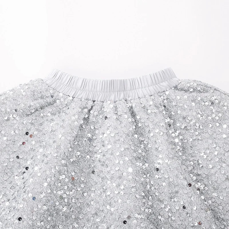 Girls Dazzling Wave Pattern Sequin A-line Umbrella Skirt Little Girls Half Skirt Silver Sequin Short Skirt Pants