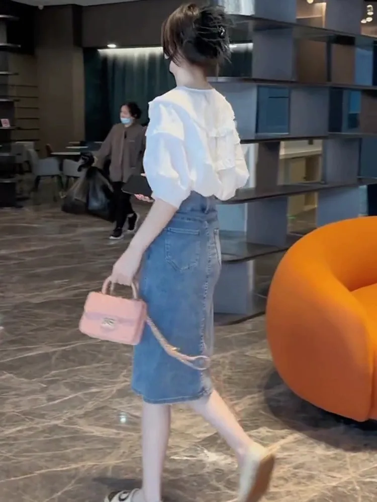 

Elegant Gentle Salt Series Shirt Skirt Set Women's Summer Professional Two-Piece Set Polyester Material V-Neck Mid-Sleeve